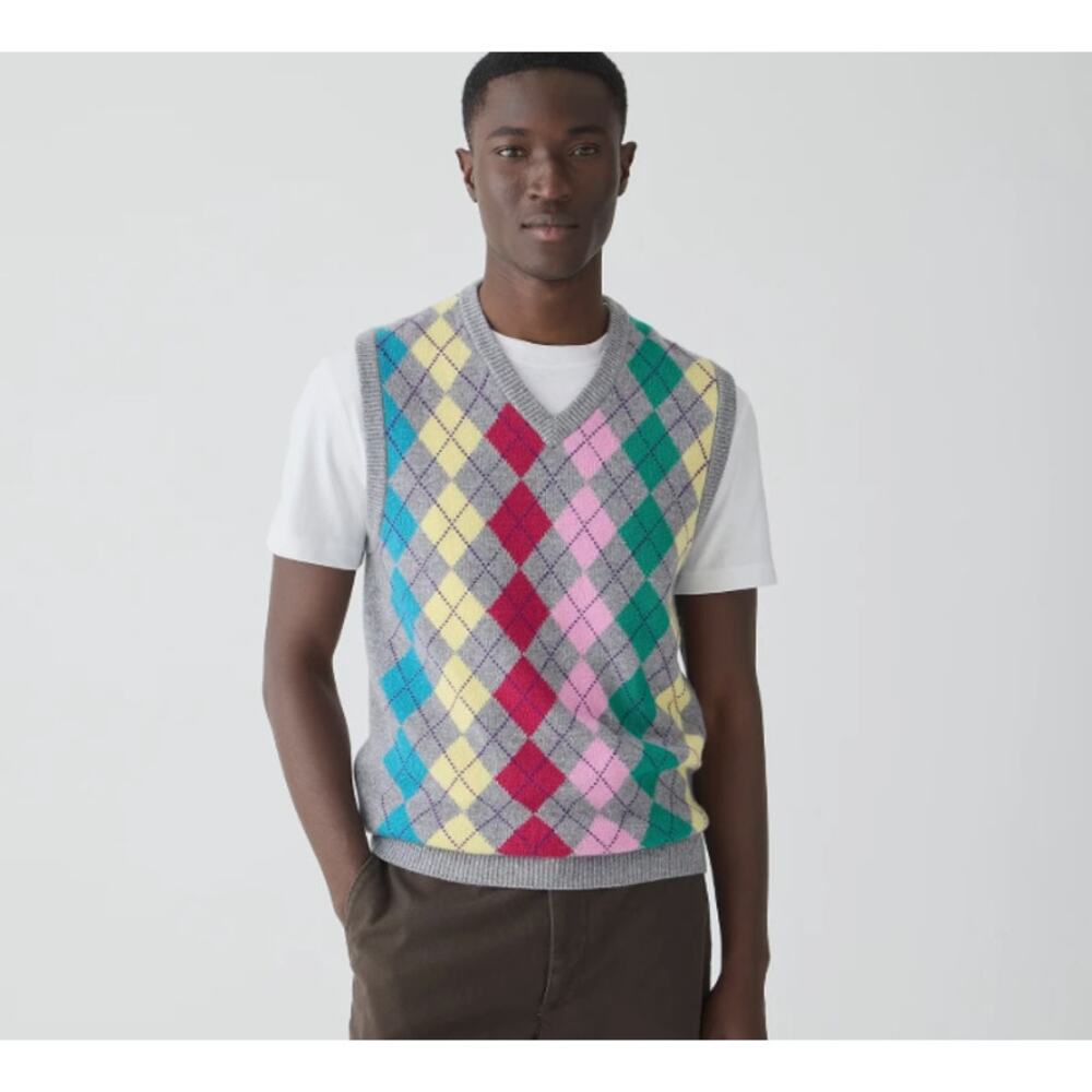 J. Crew 2024 Cashmere Sweater Vest Colorful Argyle Diamond Small Preppy Academia